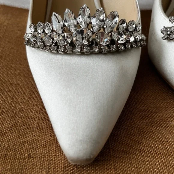 Jimmy Choo Women's White Romy 85 Ivory Satin Pointy Toe Pumps With Crystal Tiara